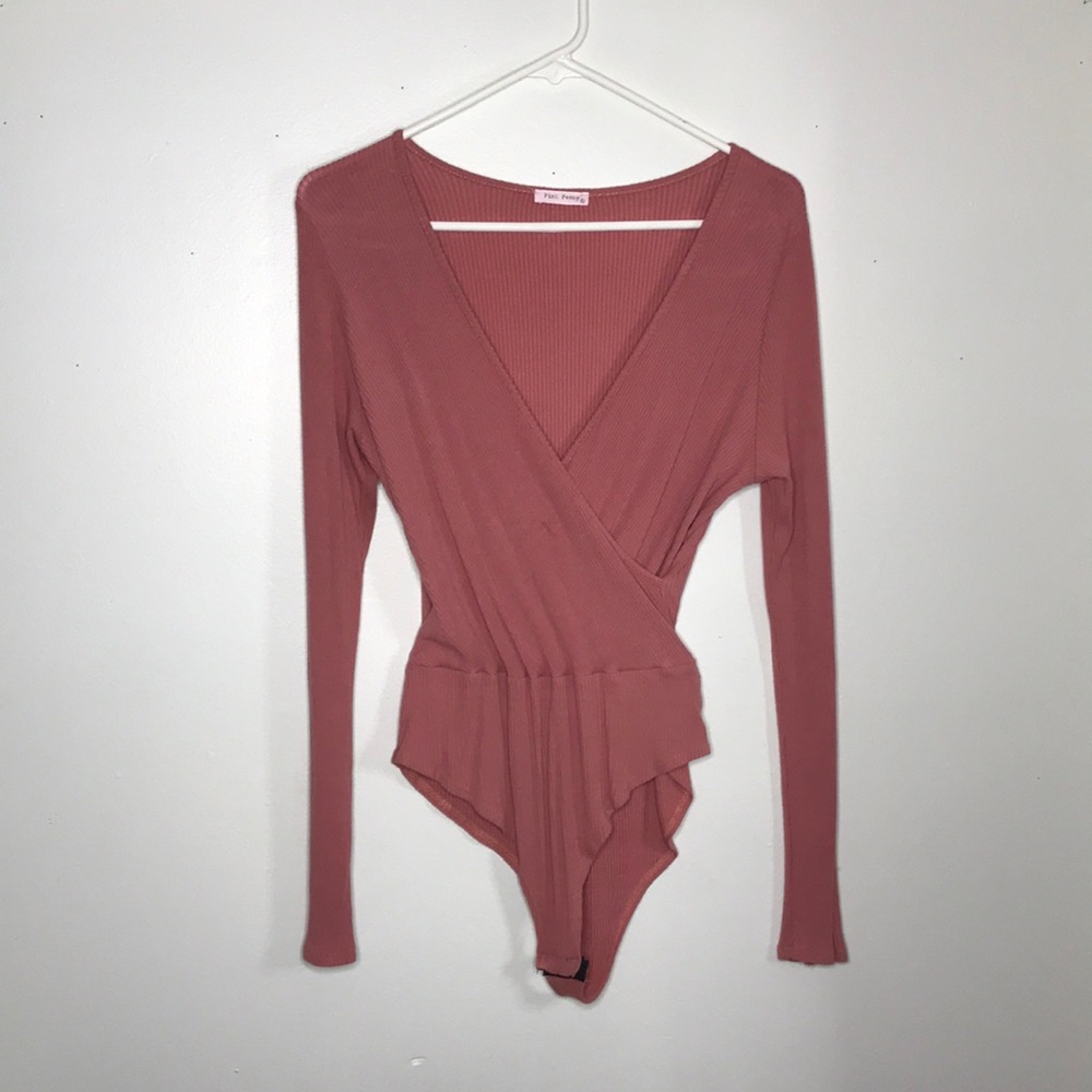 V Neck Long Sleeve Pink Bodysuit